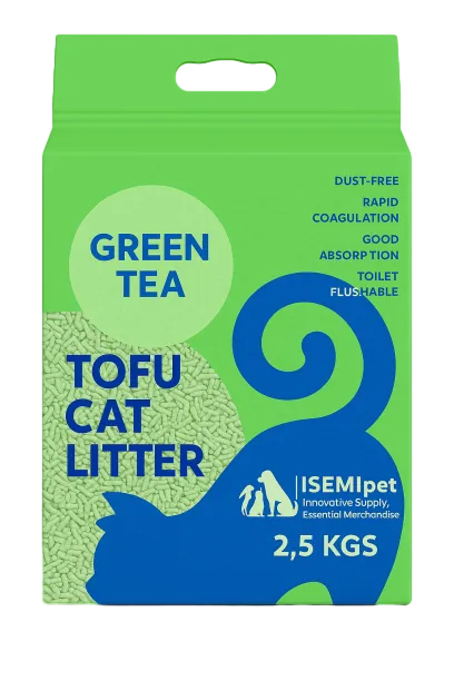Tofu kattenbakvulling, geparfumeerd met groene thee, in een kleurrijke zak met platte bodem van ISEMIPET