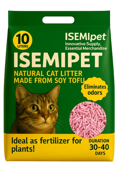 Pink Color Peach Scented Flushable Tofu Cat Litter in Die-Cut Handle Flat Bottom Bag by ISEMIPET