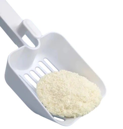 Cassava Tofu Cat Litter Granules on White Plastic Scoop by ISEMIPET