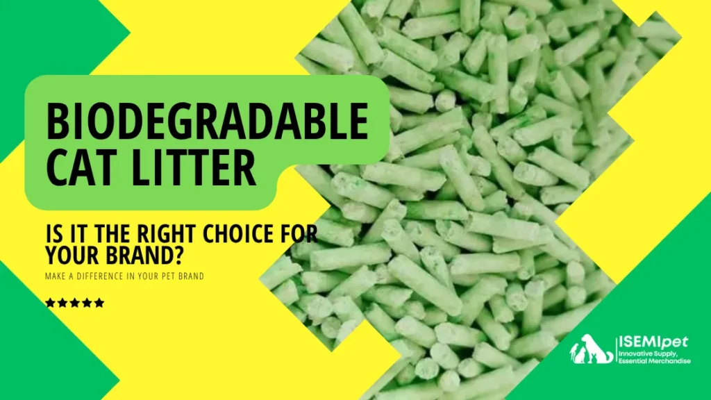 Green biodegradable tofu cat litter granules on a bright yellow background with the title Biodegradable Cat Litter: Is It Worth It?