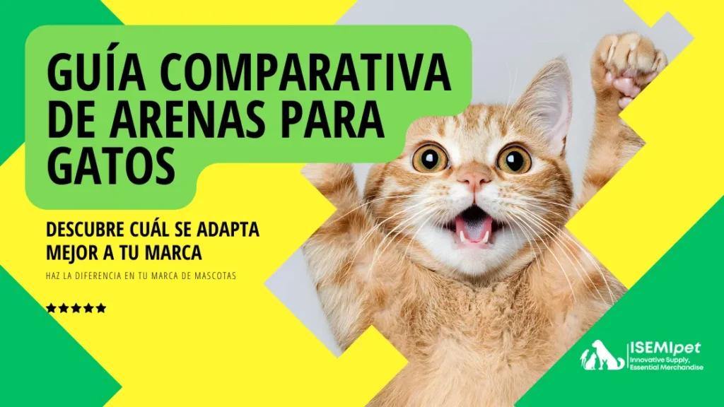 Gato naranja con expresión alegre junto al título “Guía comparativa de arenas para gatos”.