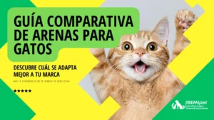 Gato naranja con expresión alegre junto al título “Guía comparativa de arenas para gatos”.
