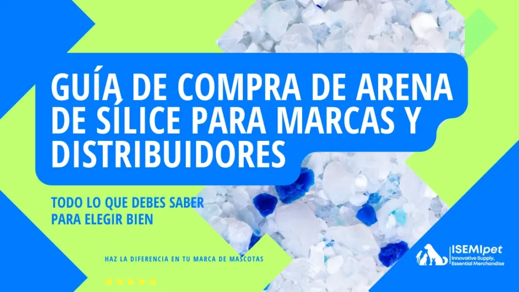 Guía de compra de arena de sílice para marcas y distribuidores, con fondo de cristales blancos y azules.