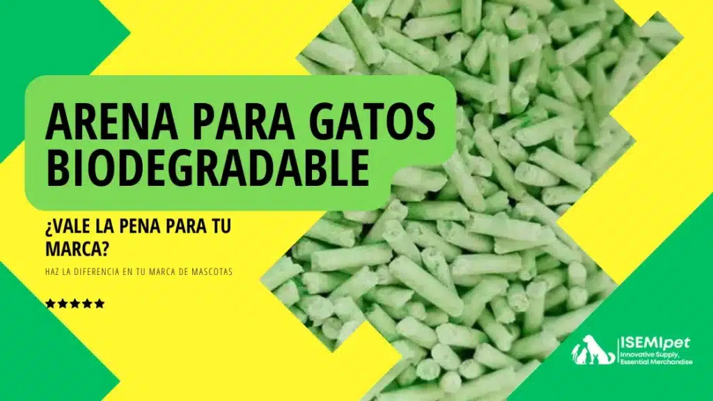 Arena para gatos biodegradable de color verde, con texto explicativo sobre si vale la pena para marcas.