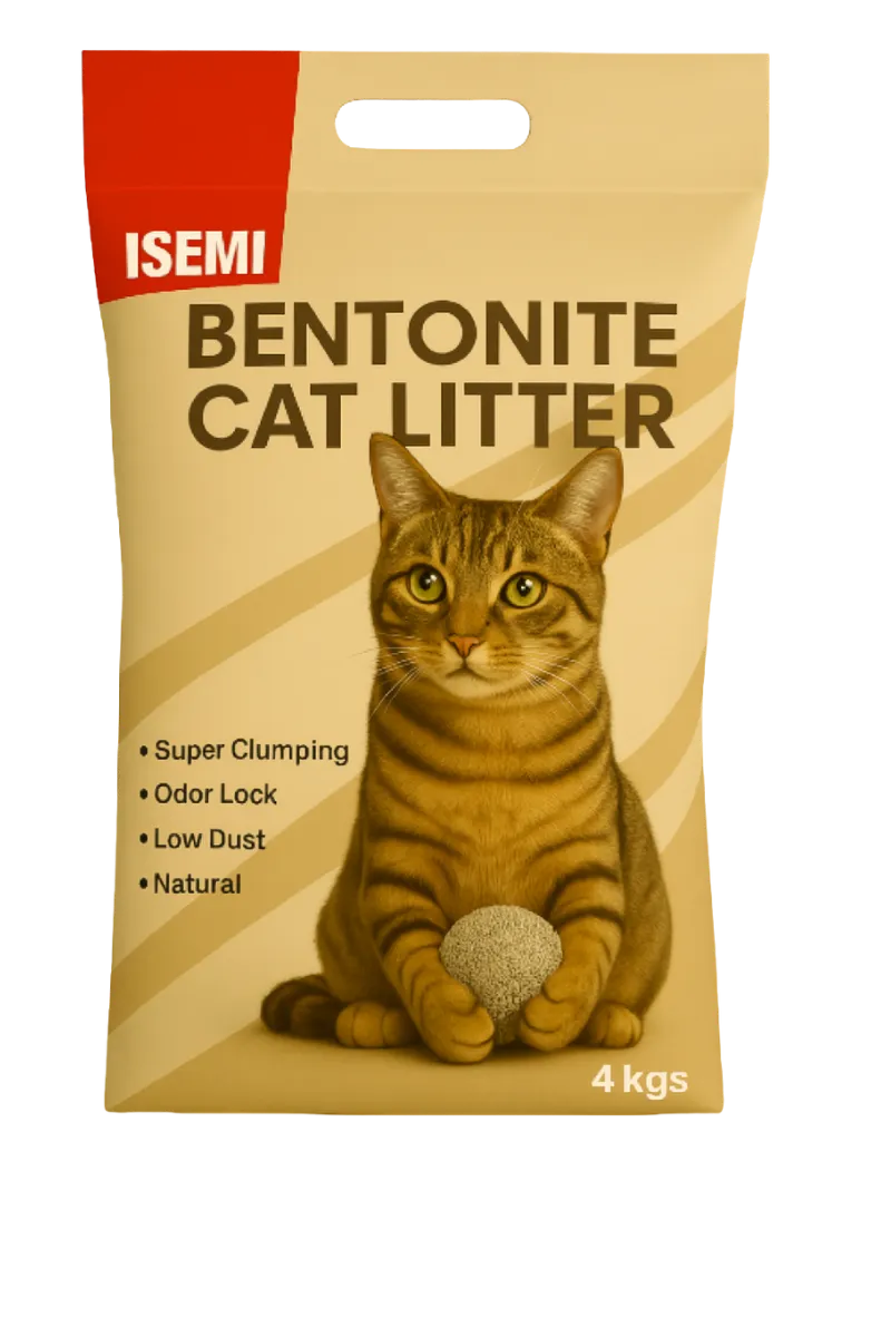 4kg ISEMIPET bentonite cat litter bag with tabby cat and clump on transparent background